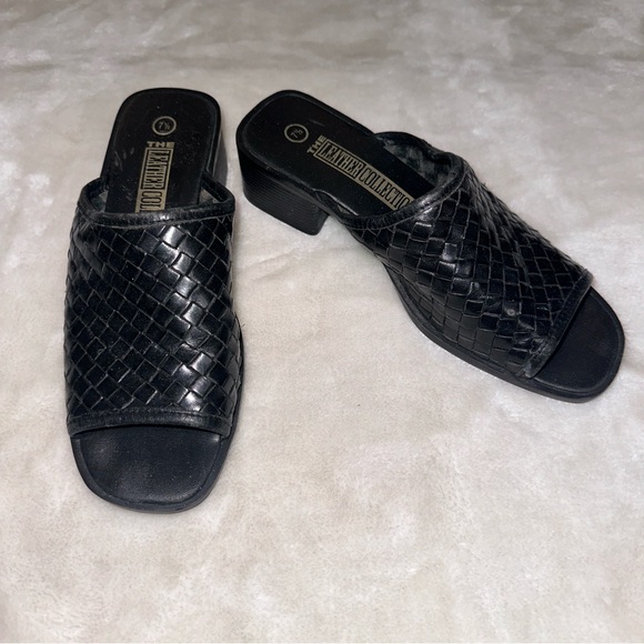 The Leather Collection Black Woven Leather Slide Chunky Heel Sandals Size 7.5 - Picture 2 of 13